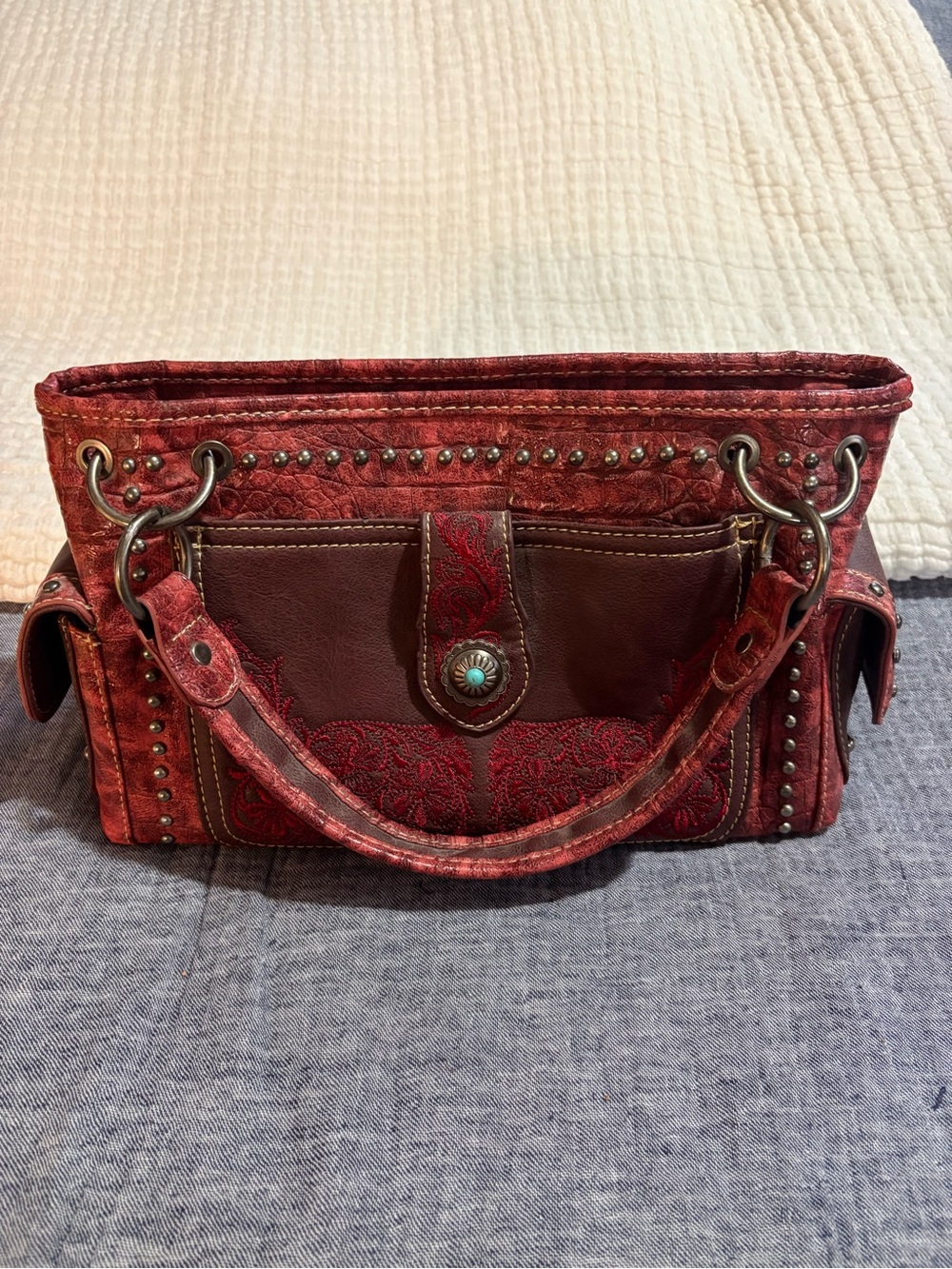 Montana West Red Embroidered Studded Shoulder Bag with Turquoise Concho